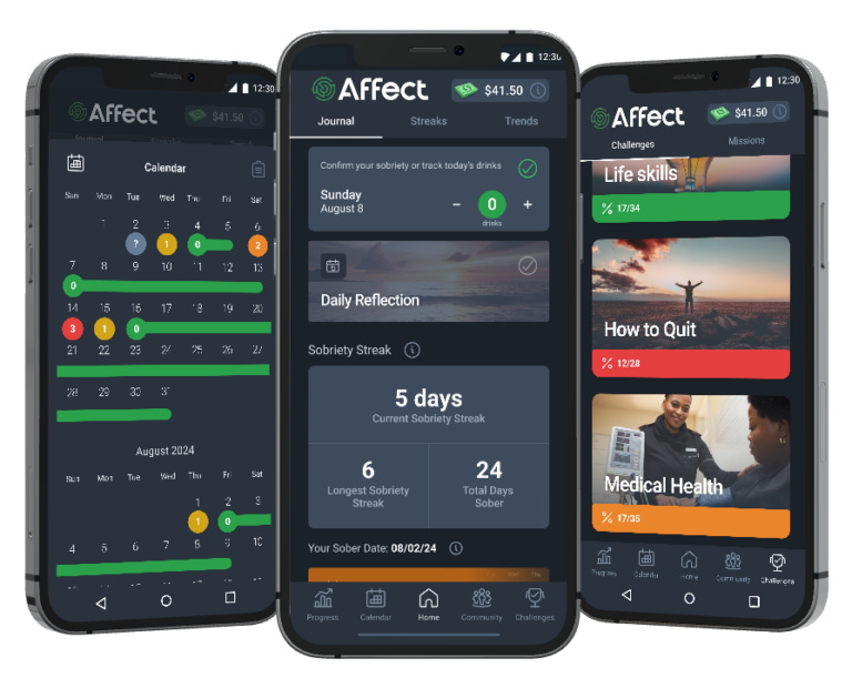 Tools and inspiring content by experts in substance use treatment guide you to a healthier life in Affect's sober app